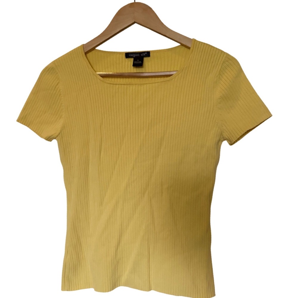 August Silk Yellow Ribbed Knit Square Neck Short Sleeve Top Silk blend Women's S